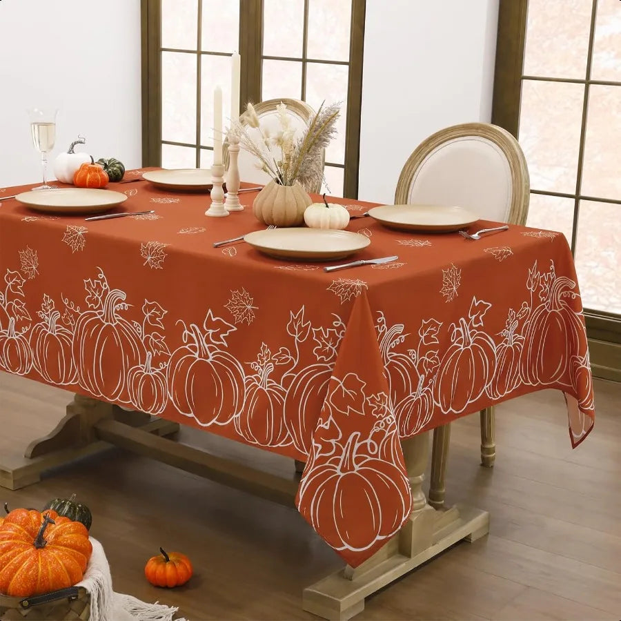 Fall Tablecloth Rec 60x84 Inch Thanksgiving Autumn Harvest Orange Rust Pumpkin Maple Leaf Decoration Table Cloths Stain Resista