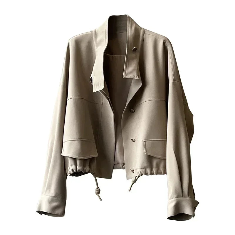 Women Jackets Drawstring Elegant Coat Stand Collar Cardigan Splice Loose Lace Up Single Breasted Coats Autumn Winter Jackets