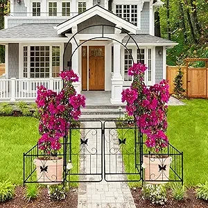 Metal Garden Arch with Gate and 2 Plant Stands, Garden Arch Trellis for Climbing Plants Outdoor, Garden Arbor