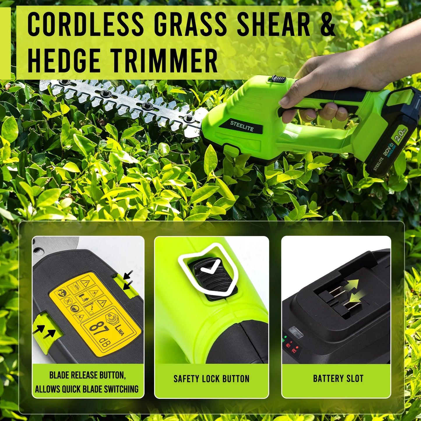 Cordless Hedge Trimmer-21V Electric Handheld Grass Shear & Shrub Trimmer with 2 Rechargeable 2.0Ah Battery and Charger
