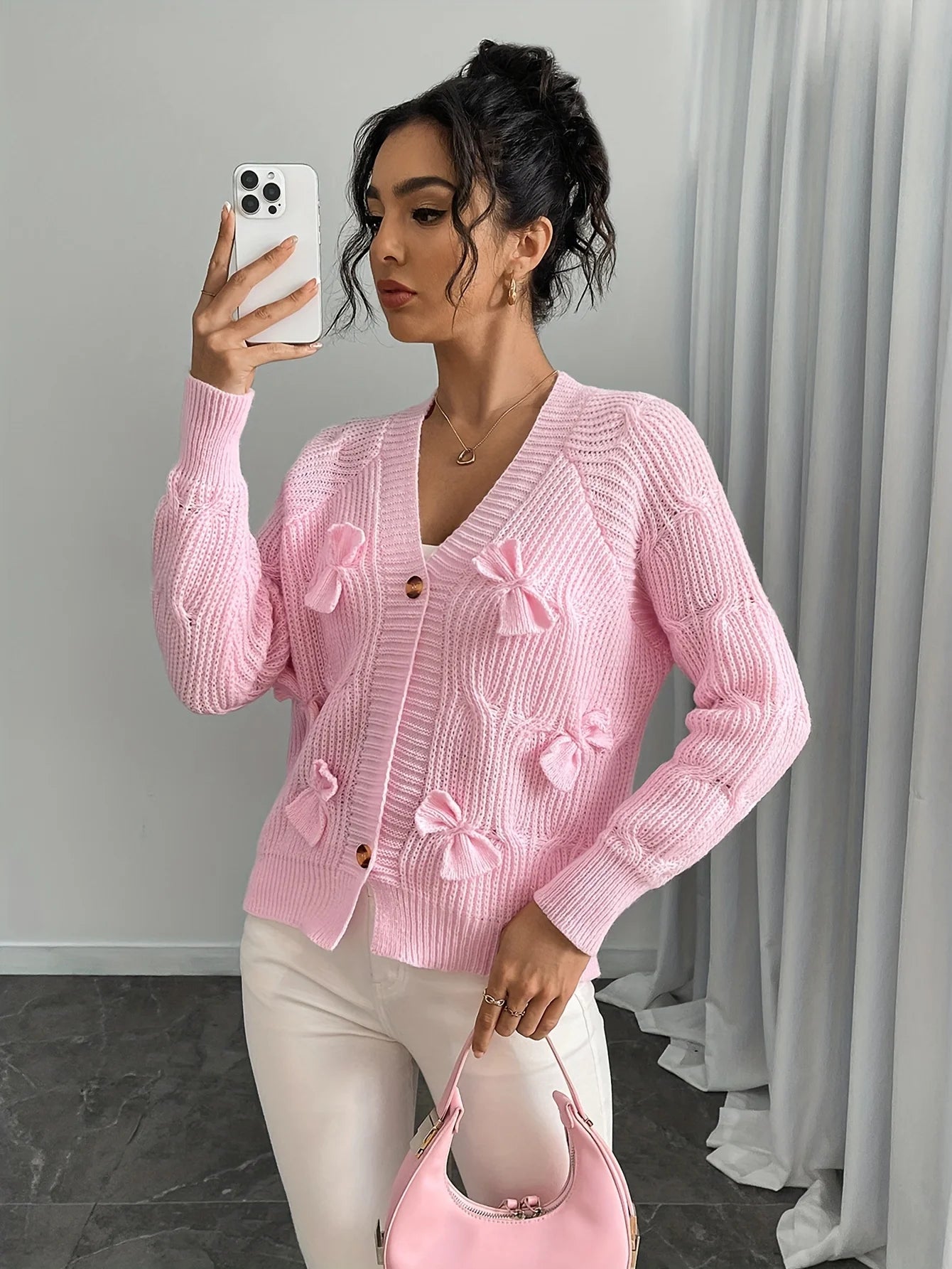 Autumn and Winter New Fashion Woman Sweater Solid Color Long Sleeve Bow Knit Cardigan Jacket Top Women's Clothing