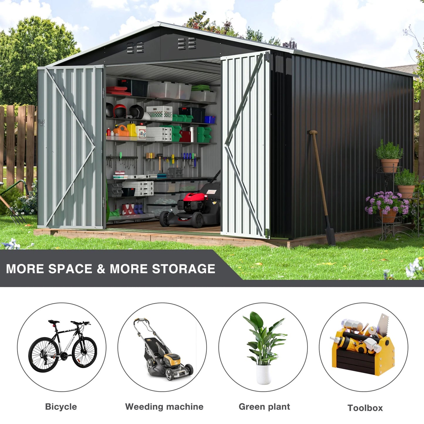 Galvanized Steel Storage Shed Heavy Duty Lockable Hasp Door Black/White Roof Garden Tool Shed for Backyard Patio