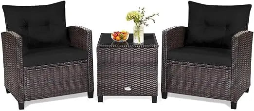3 Pieces Patio Furniture Set Outdoor Furniture Rattan Wicker Chairs and Table Set, Washable Cushions Tempered Glass Coffee Table