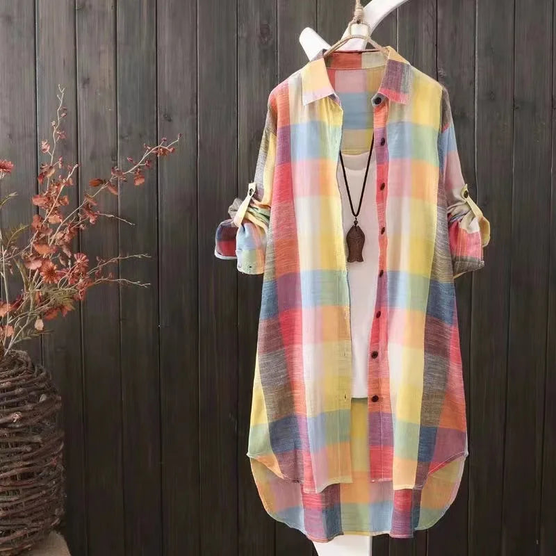Women's Plaid Cotton Shirt Chic Blouse Elegant and Youth Women's Blouses  Korean Style