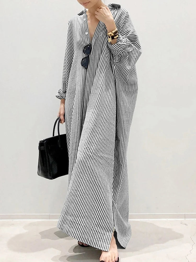Stripe Printed Beach Party Sundress Spring Fall Bohemian Women Long Sleeve Lapel Dress Fashion Casual Loose Vestidos