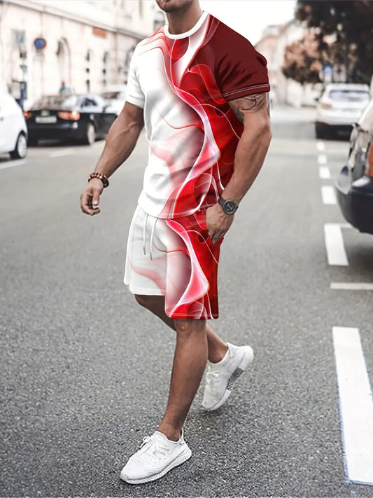 Men's trendy round neck short-sleeved shorts two-piece suit