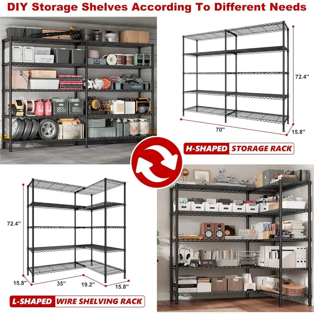 70"W Storage Shelves Load 1600LBS, Metal Shelving 5-tier Wire Shelving Unit Metal Shelves for Storage Adjustable Garage Shelving