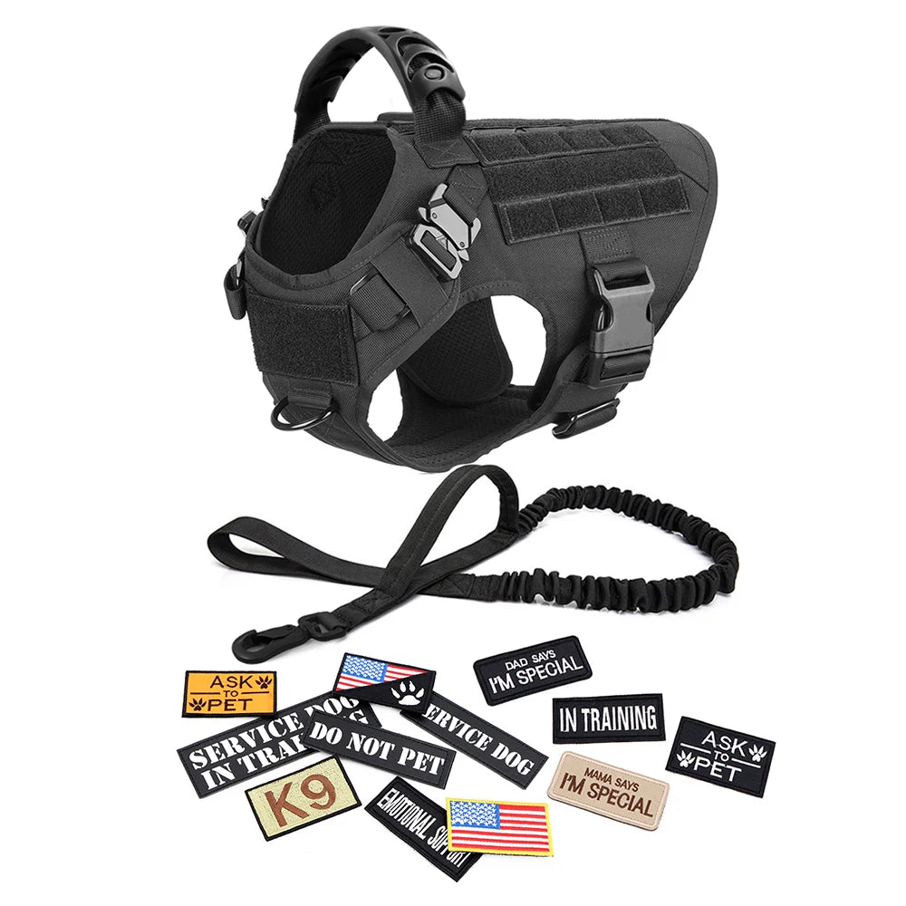 Military Large Dog Harness Collar Leash Bags Patches Set Pet Malinois Training Vests