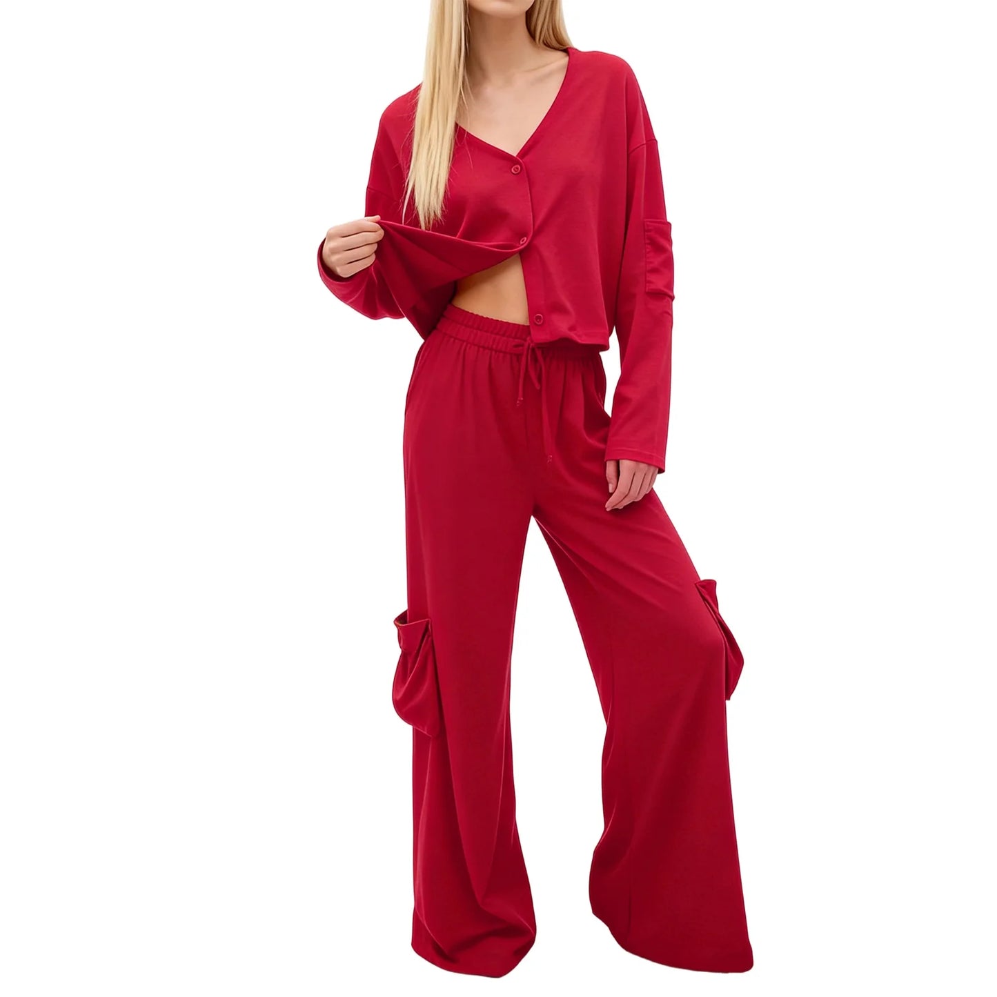 Elegant Women s Suit Stylish Blazer with Button Closure and Matching Elastic Waist Pants for a Chic 2-Piece Outfit
