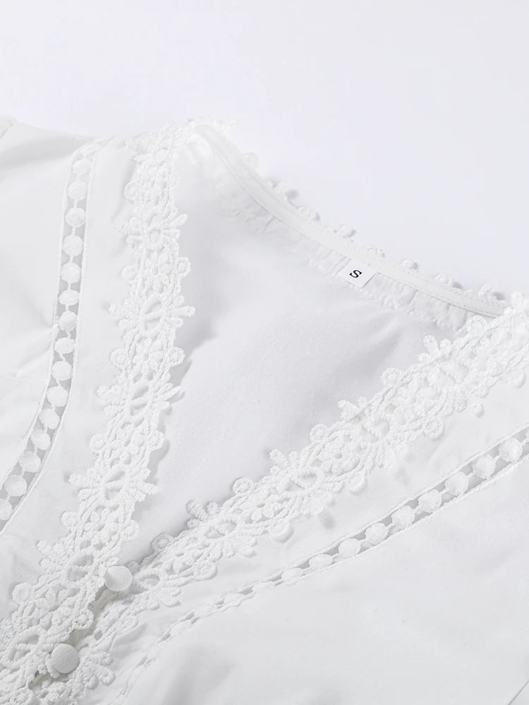 Lace Long Dresses Women Hollow Out V-neck Full Puff Sleeves Loose A line Dress Female Autumn Fashion Holiday Beachwears New