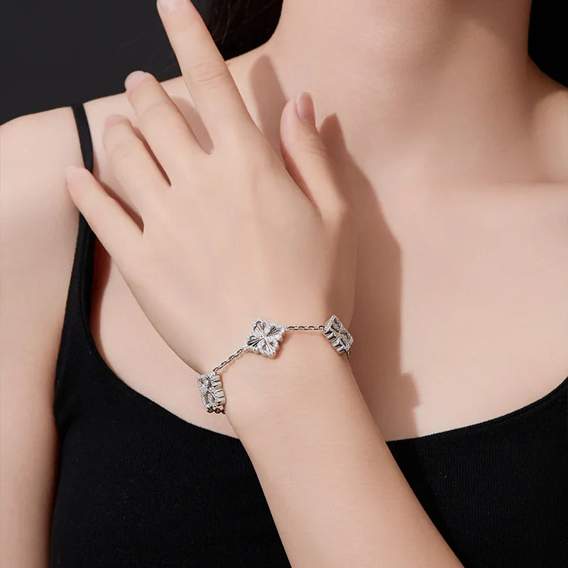 S925 Sterling Silver Four Leaf Clover Moissanite Bracelet for Women 18K Gold Plated 1.0/1.5mm D Color Lab Diamond Adjustable