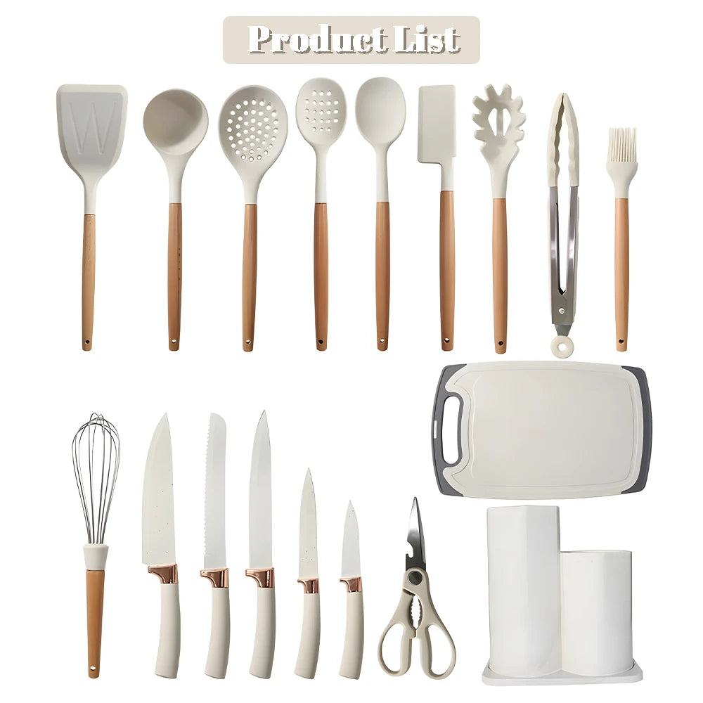 MDHAND 20pcs Heat-Resistant Silicone Kitchen Utensil Set with Wooden Handles Knives Soup Spoon with Scissors Hassle-Free Cooking