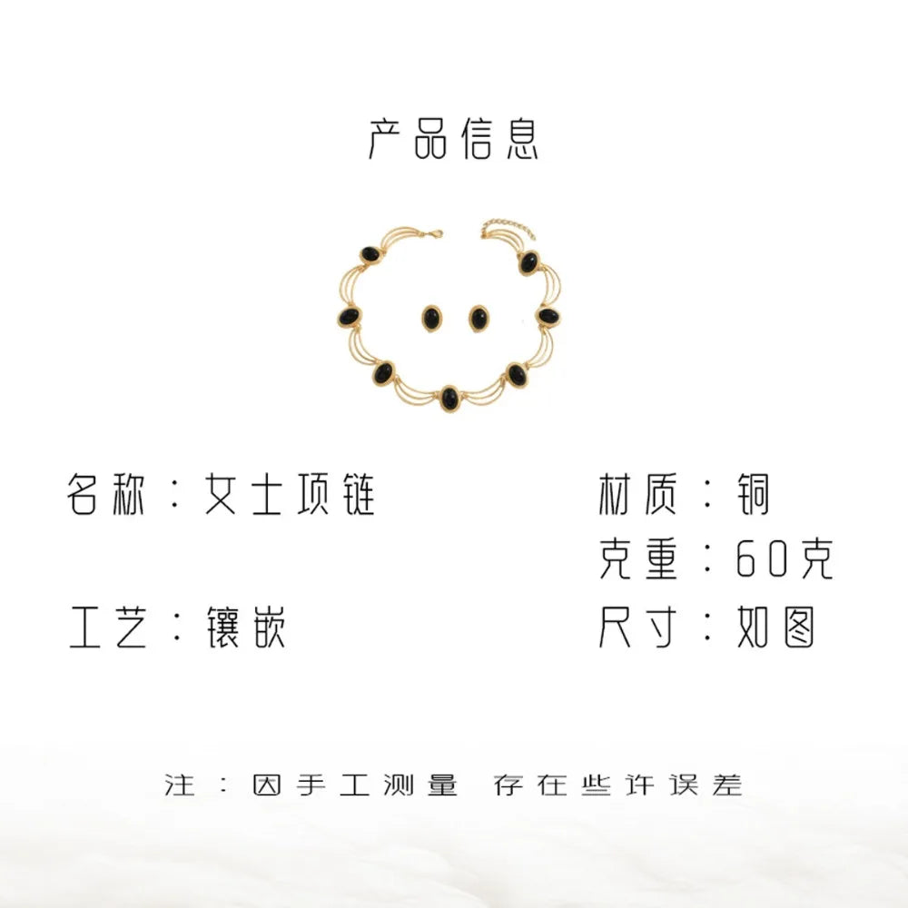 Elegant Gold and Black Jewelry Set with Oval Gemstones Choker Style Necklace and Matching Earrings Trendy Fashion Accessory