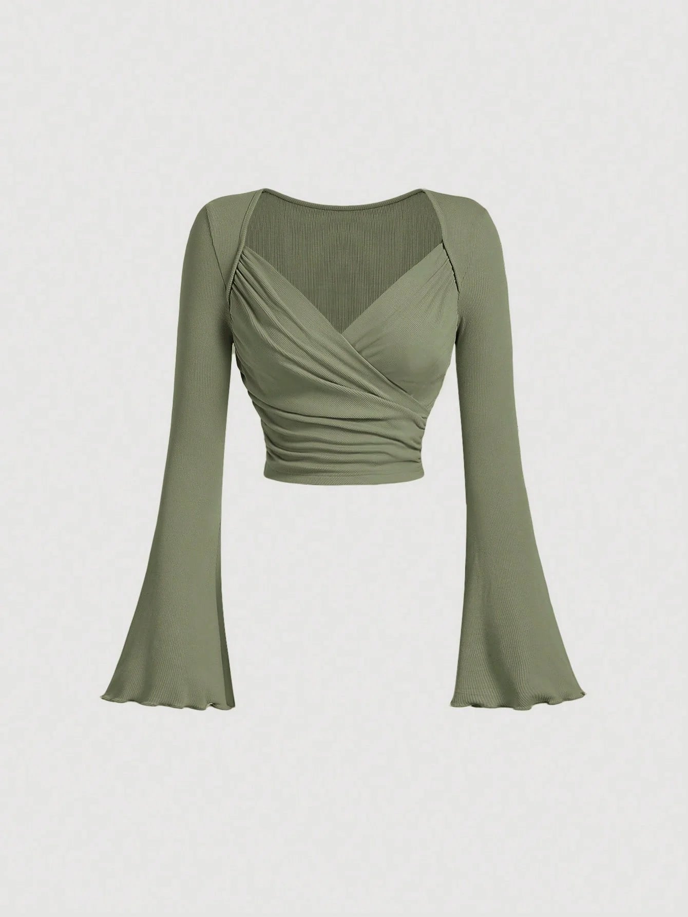 Women's casual slim solid color large V-neck short flared cuff long sleeve T-shirt