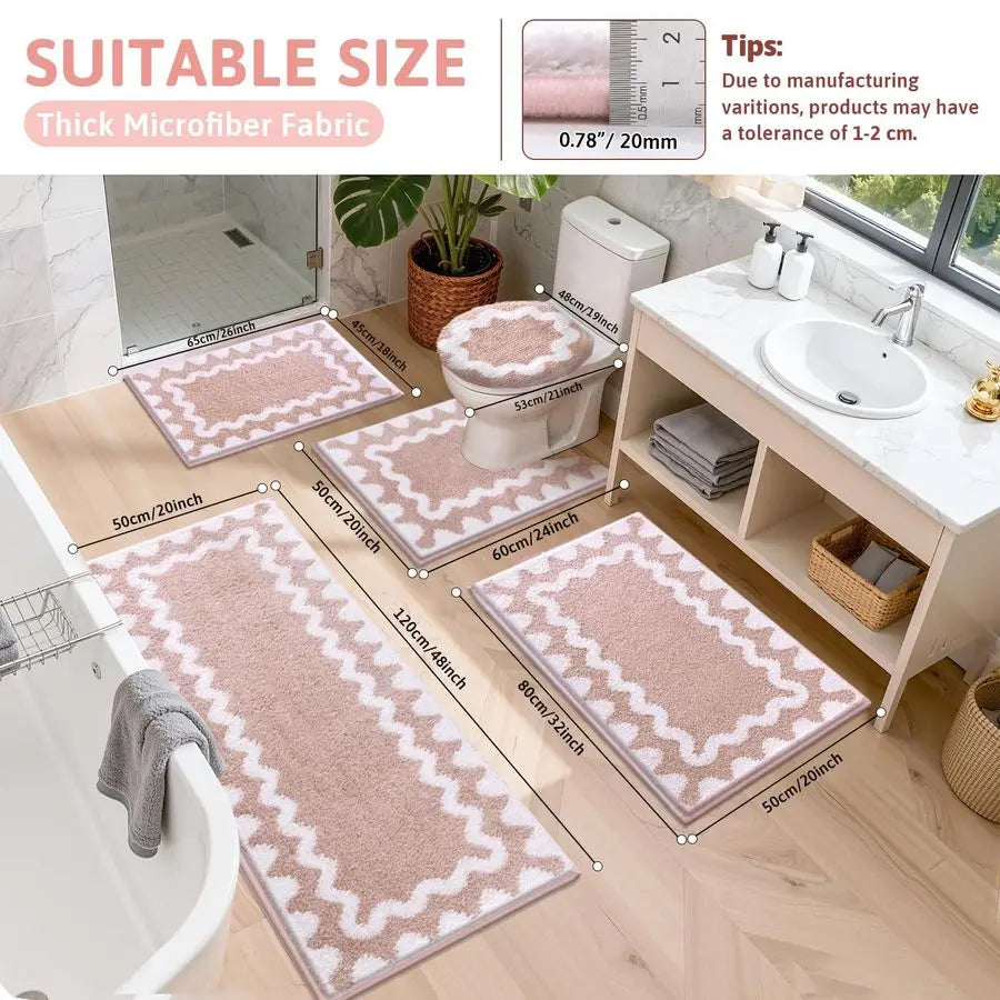 Bathroom Rugs Sets 5 Piece, Absorbent Soft NonSlip Washable Microfiber Shaggy Bath Mat Set with Bathroom Runner Rug