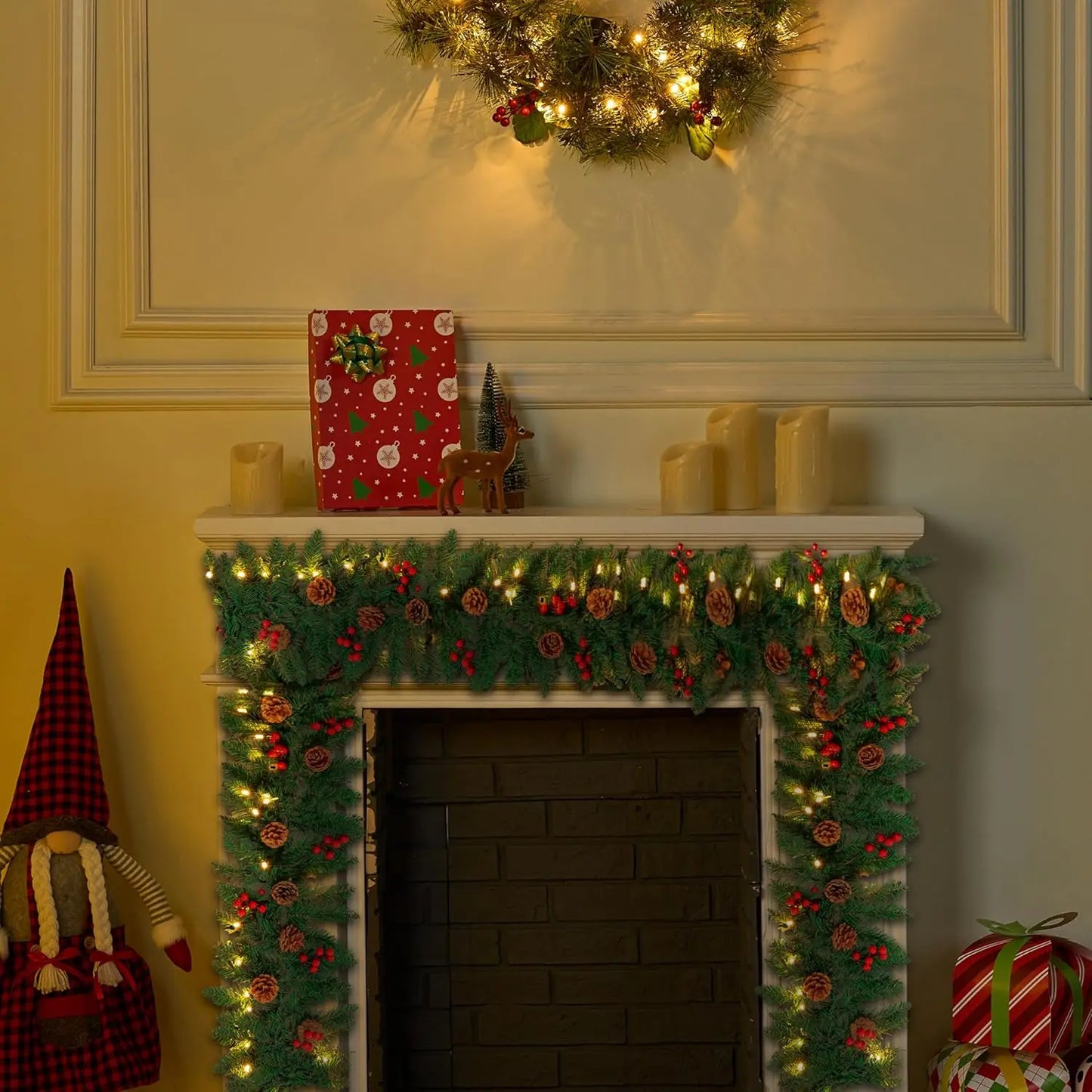 JOYFY 9Ft Artificial Christmas Garland Prelit with LED Lights 27 Pine Cones 27 Red Berries for Home Office Christmas Decorations