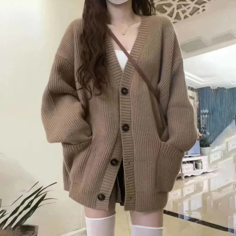 Autumn Winter Women Cardigan Sweater Coats Fashion Long Sleeve V-neck Loose Knitted Jackets Casual Sweater Cardigans