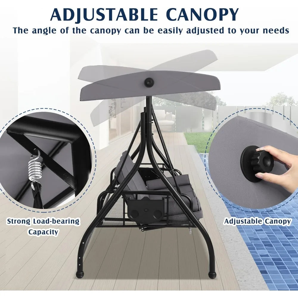 Grepatio Outdoor Porch Swing with Canopy and Stand, 3 Person Patio Swing for Adults, Convertible 2 in 1 Porch Bed Swing with Cup