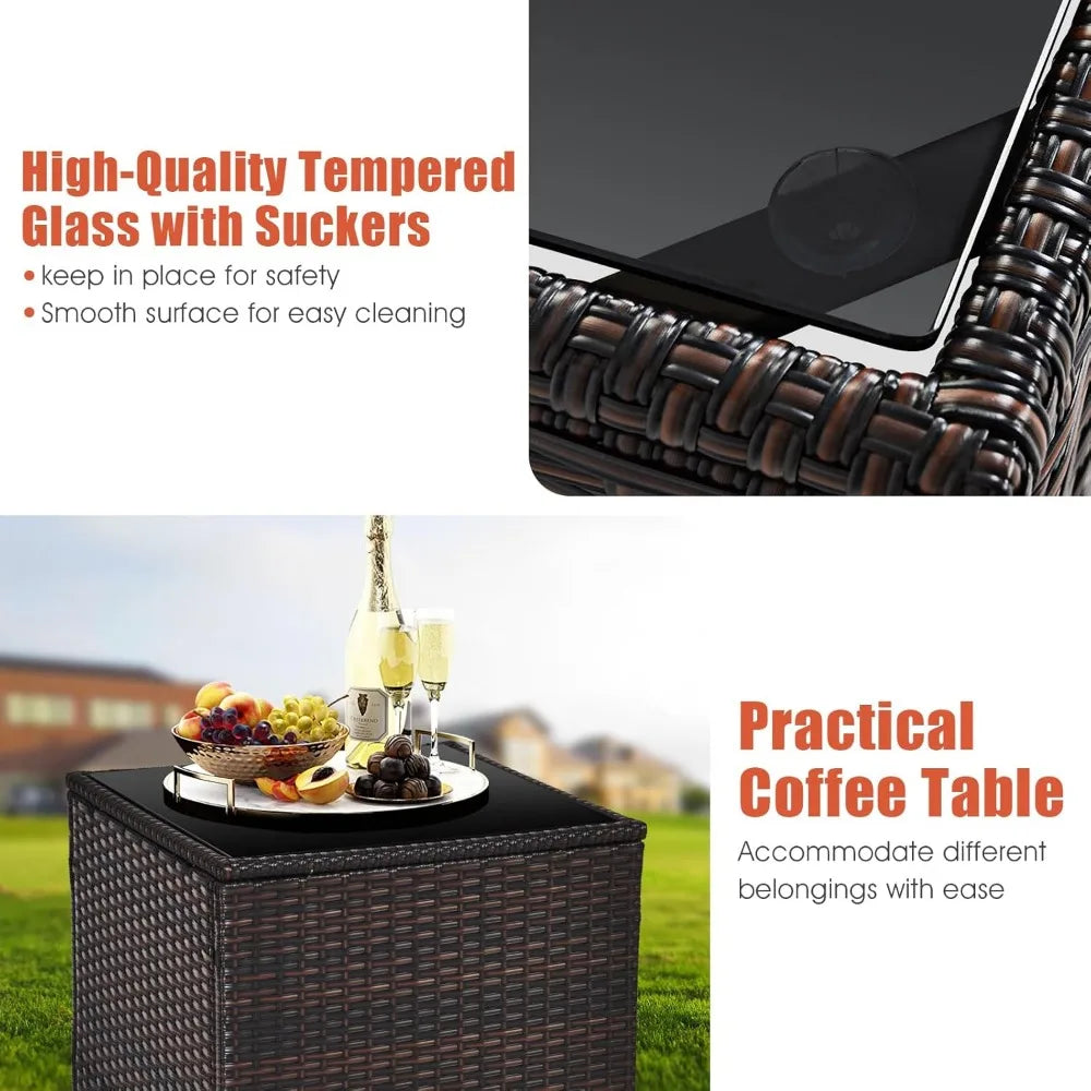 3 Pieces Patio Furniture Set Outdoor Furniture Rattan Wicker Chairs and Table Set, Washable Cushions Tempered Glass Coffee Table