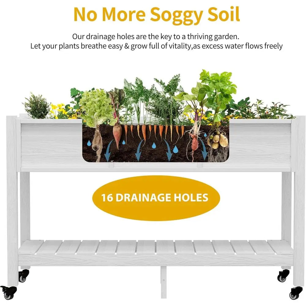 47x18x3in Raised Garden Bed HDPE Outdoor with Legs and Lockable Wheels, Weather-Resistant Poly-Wood Elevated Planter Box,