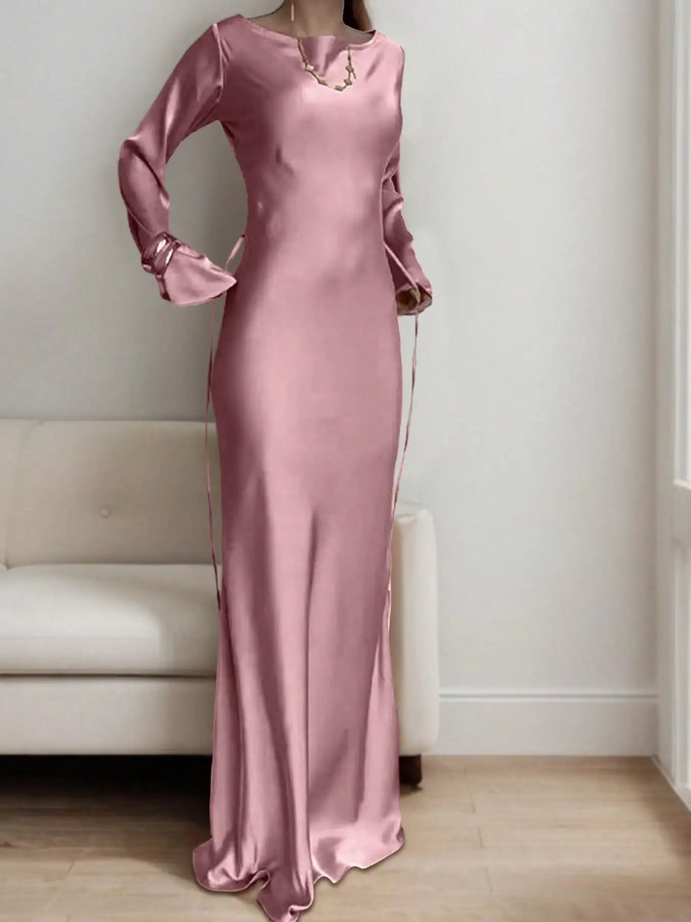 Women's Bespoke Satin Maxi Dress with Corset Waist Tie Classic Round Neck & Dramatic Flared Sleeves Luxury Evening Dress
