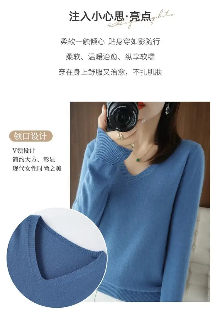 Women's Sweater 2025 Autumn Winter Knitted Pullovers V-neck Slim Fit Bottoming Shirt Solid Soft Knitwear