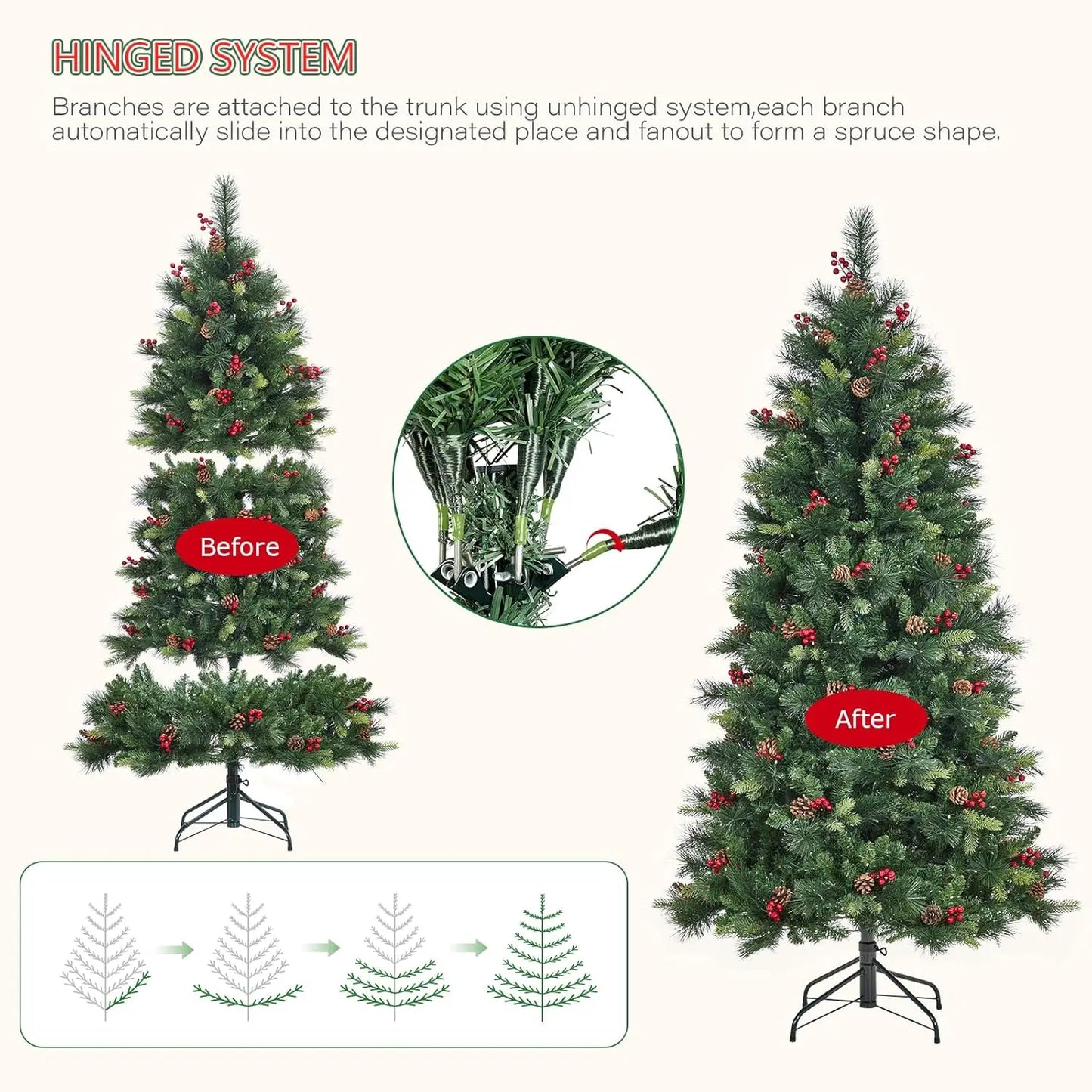 6FT Prelit Artificial Christmas Tree Fluffy Fraser Fir with Pine Cones Berries 350 Warm White Lights on Hinged 800 Branches Tips