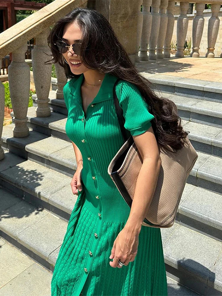 Elegant Knitted Dress Women Solid Single Breasted O Neck Short Sleeve High Waist Hip Package Dresses