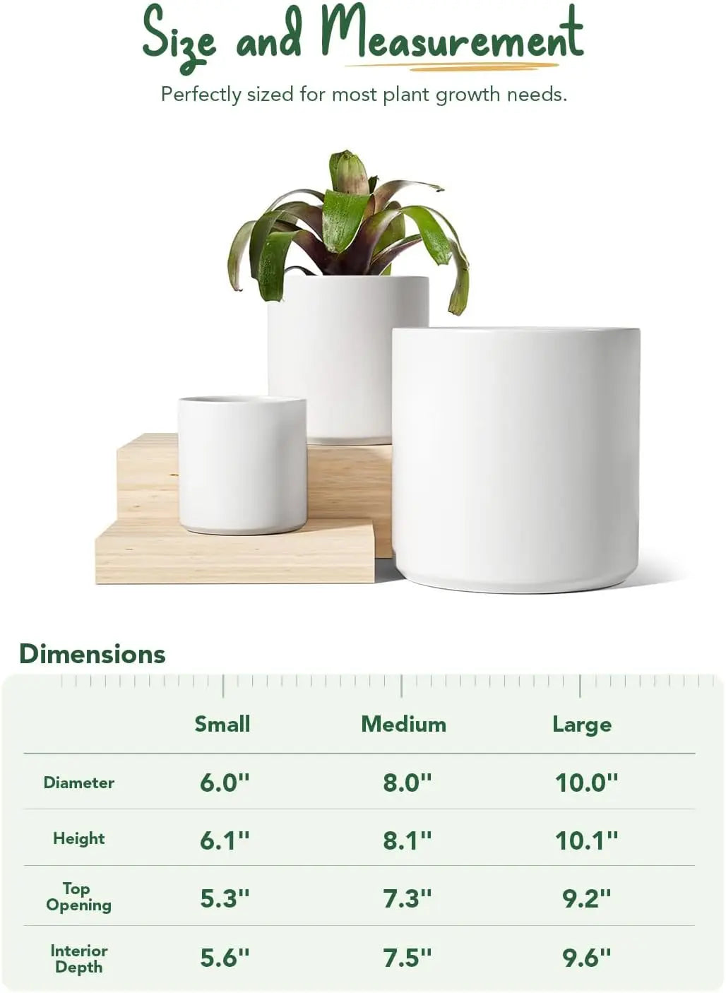 Ceramic Plant Pots Set of 3, 10+8+6 Inch Indoor Planters with Drainage Hole, White Modern Cylinder Design