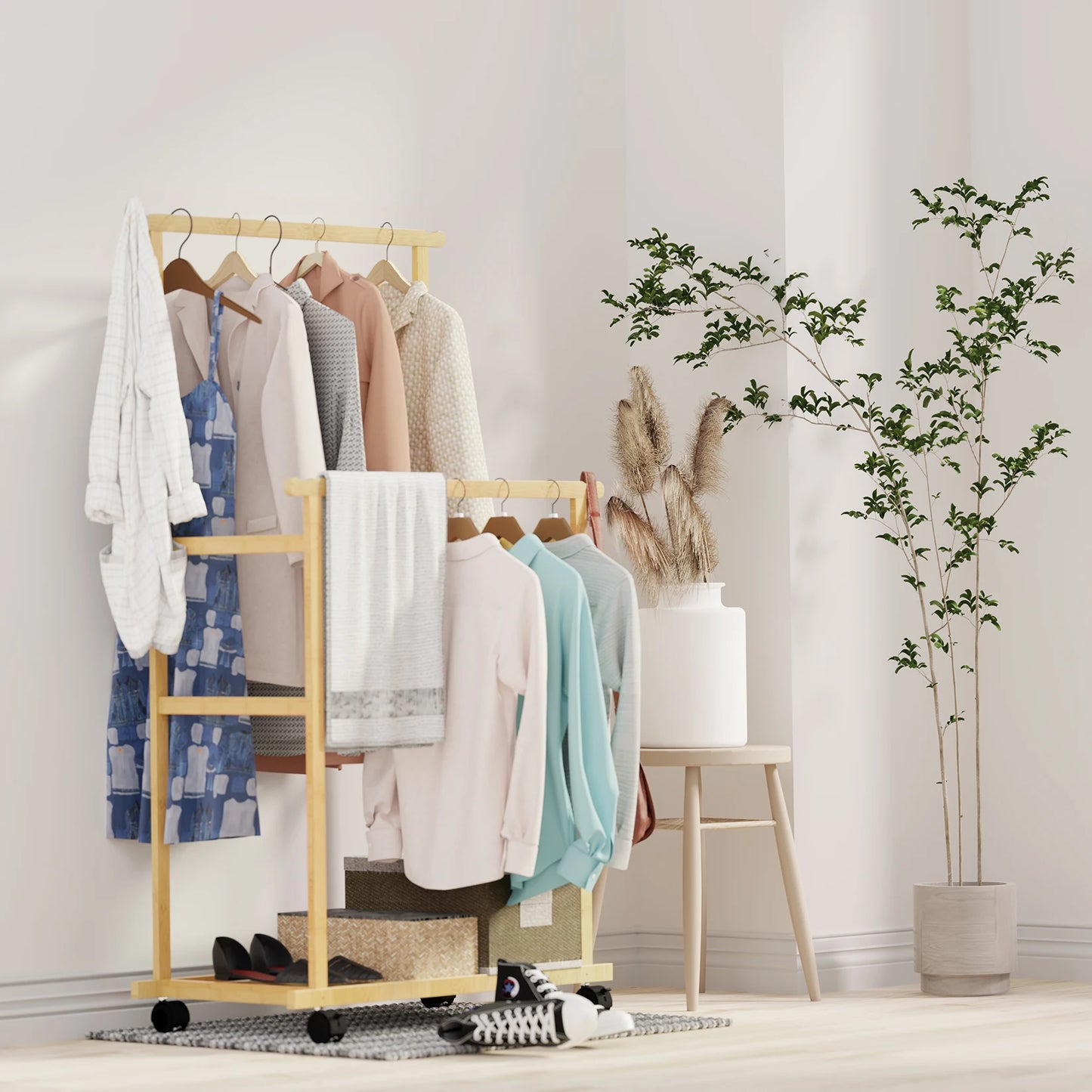 Bamboo Clothes Rail Rack Double Hanging Rails Clothes Rack on Wheels