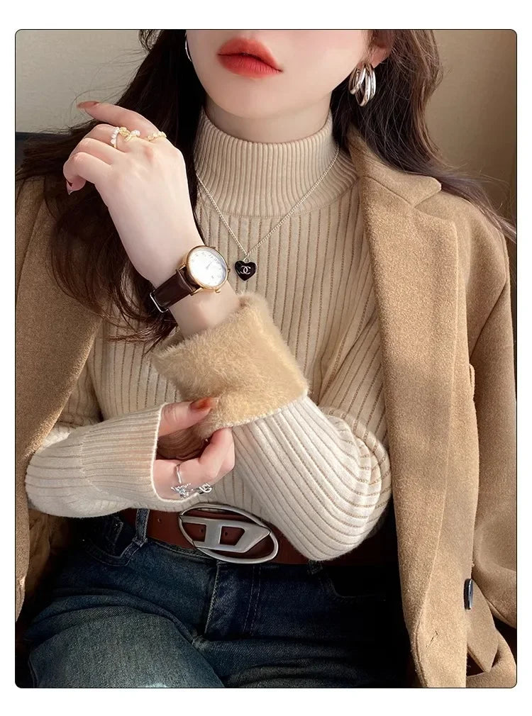 Sweater For Women Winter Turtleneck Slim Knit Pullover New Warm Plush Velvet Lined Knitwear