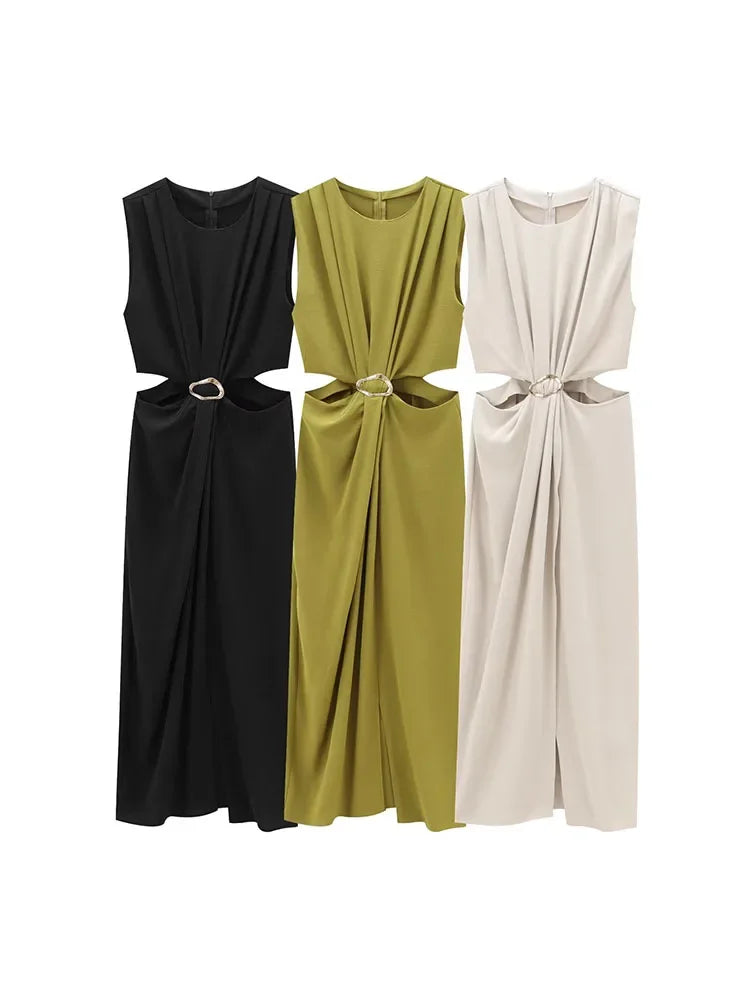 Women's Autumn and Winter New Arrivals Fashion  Open Design Buckle Decoration Sleeveless Long Dress