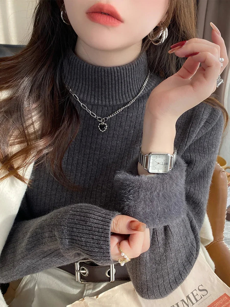 Sweater For Women Winter Turtleneck Slim Knit Pullover New Warm Plush Velvet Lined Knitwear