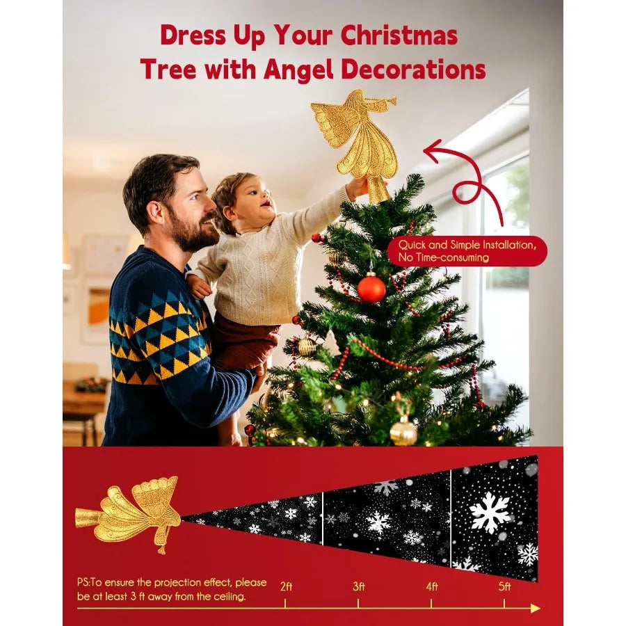 Christmas Angel Tree Topper with Builtin LED Snowflake Projector Lights Hollowed Pentagram Tree Top with Gold Spangles Plated