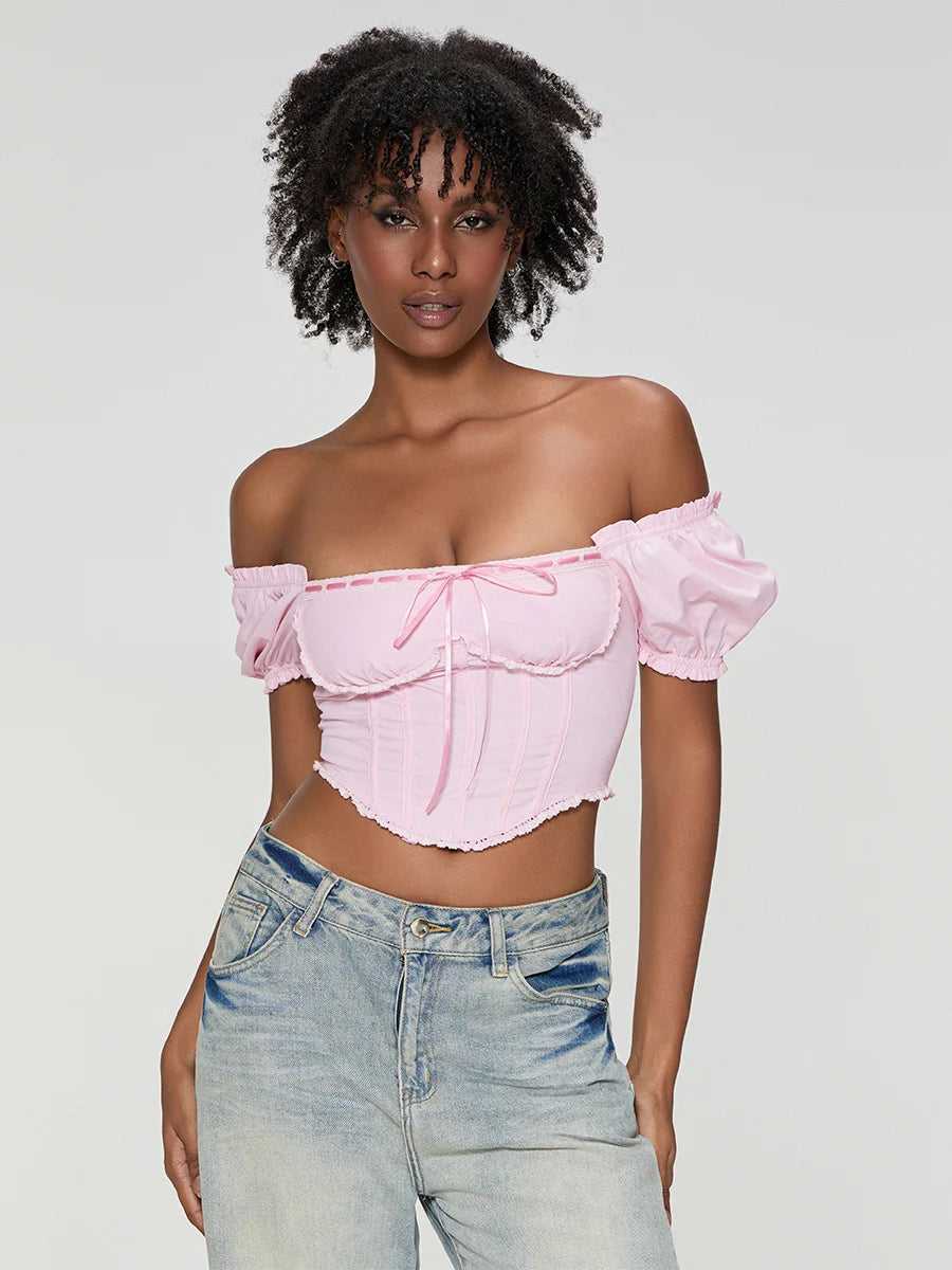 Women T-shirt Square Neck Short Sleeve Backless Tie-up