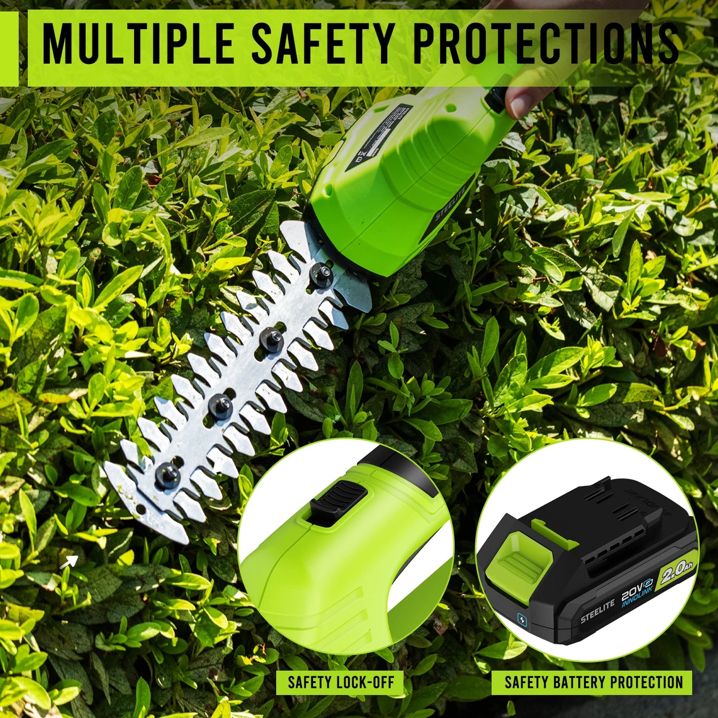 Cordless Hedge Trimmer-21V Electric Handheld Grass Shear & Shrub Trimmer with 2 Rechargeable 2.0Ah Battery and Charger