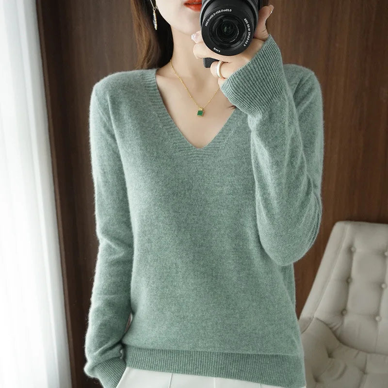 Women's Sweater 2025 Autumn Winter Knitted Pullovers V-neck Slim Fit Bottoming Shirt Solid Soft Knitwear