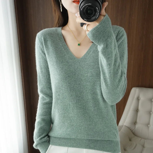 Women's Sweater 2025 Autumn Winter Knitted Pullovers V-neck Slim Fit Bottoming Shirt Solid Soft Knitwear