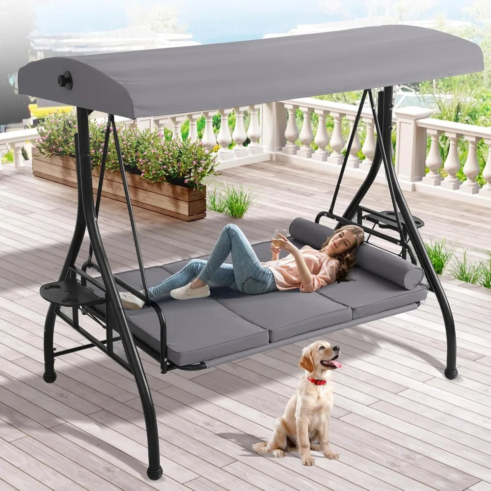 Grepatio Outdoor Porch Swing with Canopy and Stand, 3 Person Patio Swing for Adults, Convertible 2 in 1 Porch Bed Swing with Cup