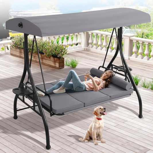 Grepatio Outdoor Porch Swing with Canopy and Stand, 3 Person Patio Swing for Adults, Convertible 2 in 1 Porch Bed Swing with Cup