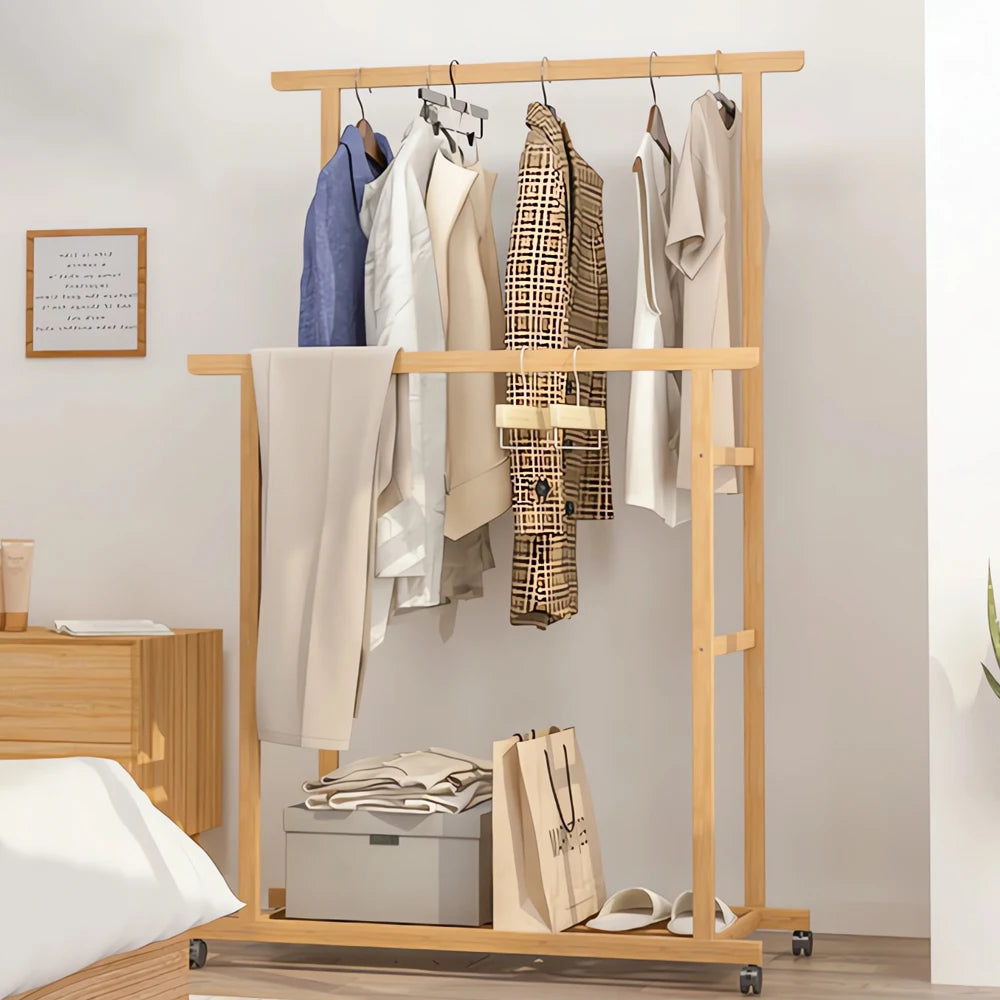 Bamboo Clothes Rail Rack Double Hanging Rails Clothes Rack on Wheels