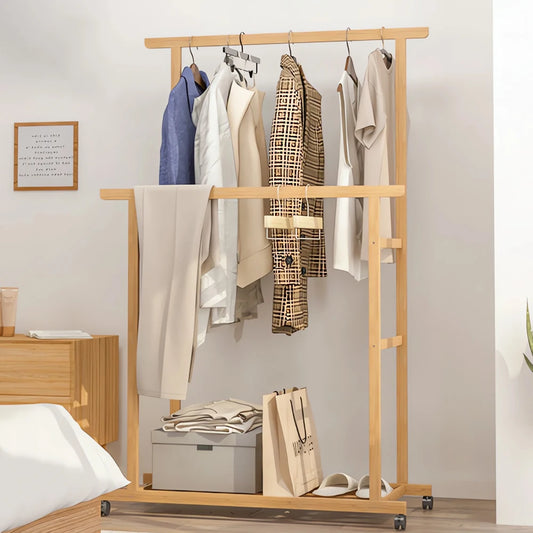 Bamboo Clothes Rail Rack Double Hanging Rails Clothes Rack on Wheels