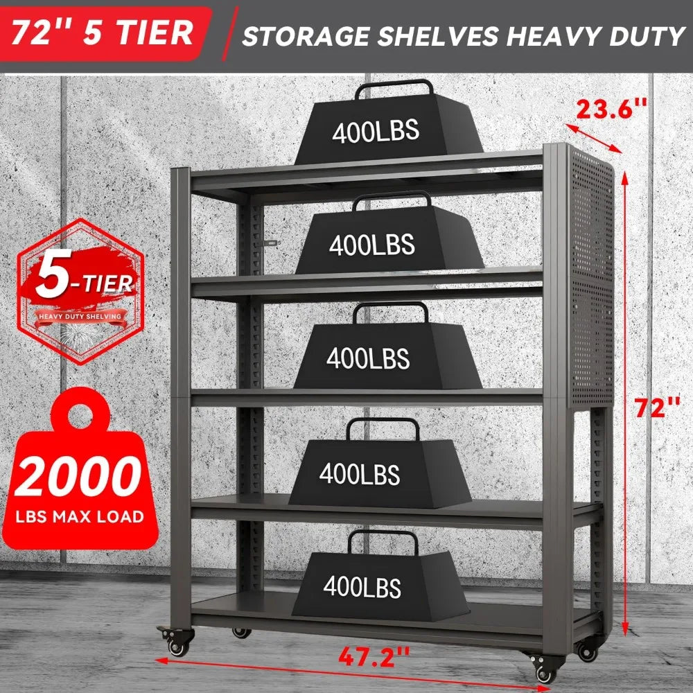 H 5-Shelf Metal Storage Shelves, 2000 lbs Garage Shelving Unit with Pegboard, Adjustable Industrial Heavy Duty Storage Rack