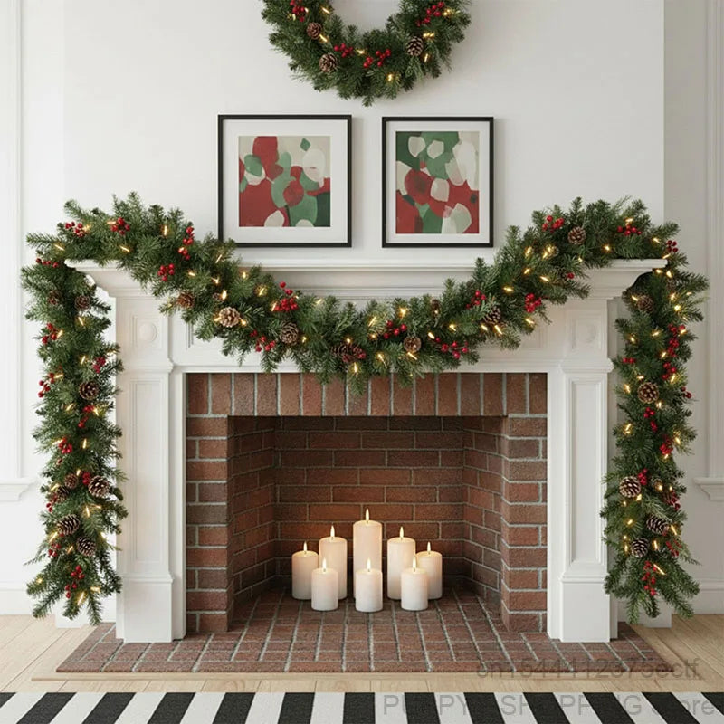 2.7M Christmas Garland, Glow Wreath with Pinecones Red Berries Artificial Christmas Garland