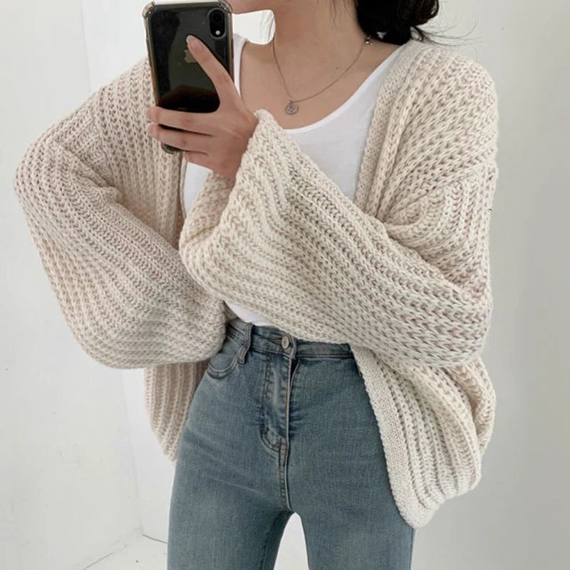 Vintage Harajuku Lantern Sleeve Women Cardigan Sweater Casual Korean Fall Streetwear Tops Coat Chic Lazy Wind Sweater