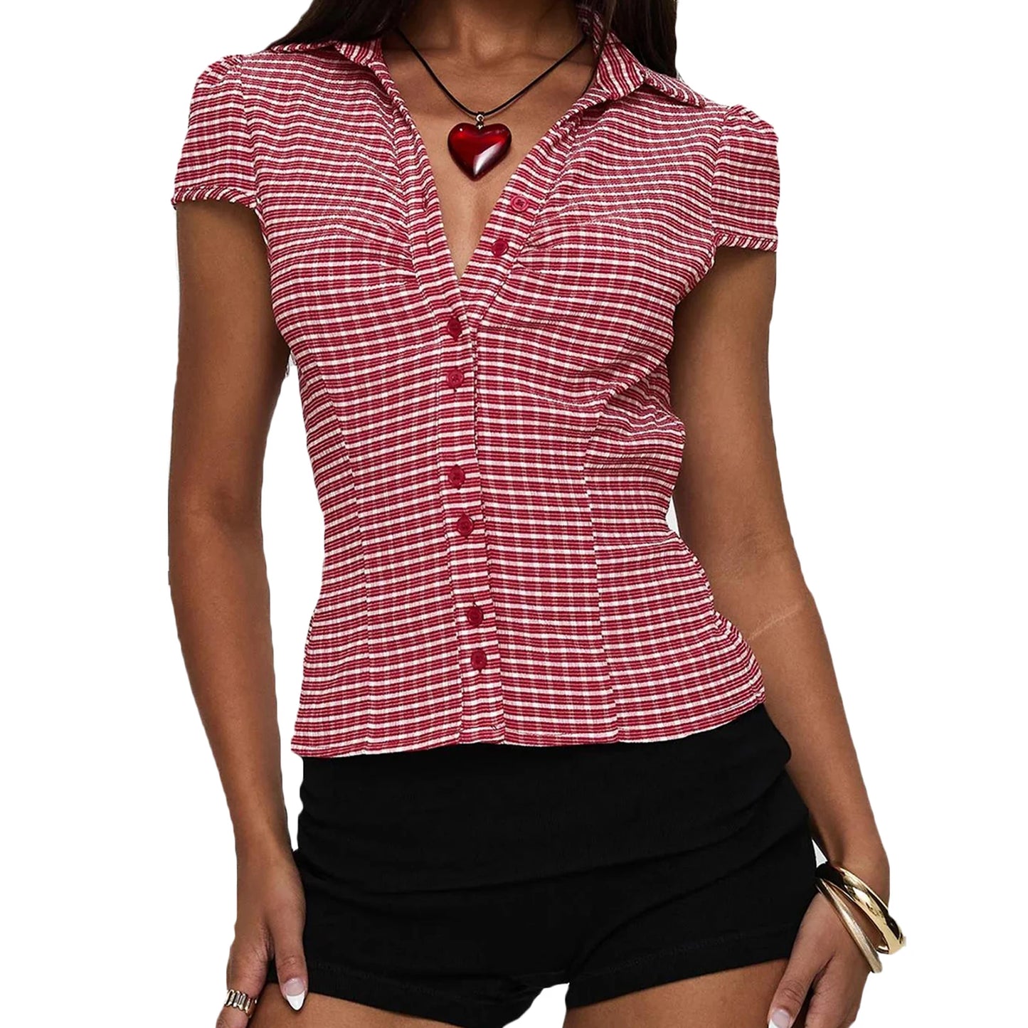 Women s Stylish Plaid Print Short Sleeve Shirt