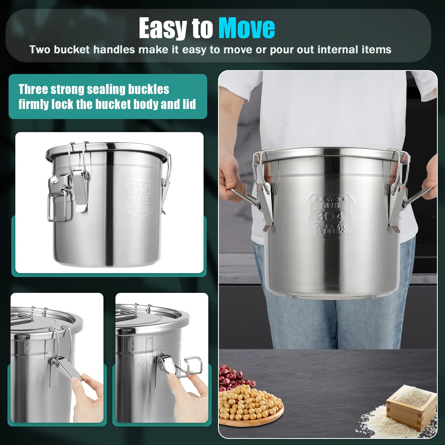 12L 304 Stainless Steel Cereal Container Metal Kitchen Rice Oil Storage Bucket Airtight Durable, Corrosion Resistant