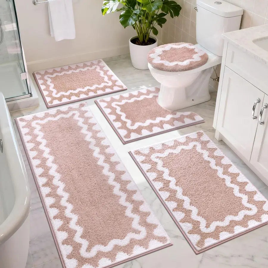 Bathroom Rugs Sets 5 Piece, Absorbent Soft NonSlip Washable Microfiber Shaggy Bath Mat Set with Bathroom Runner Rug
