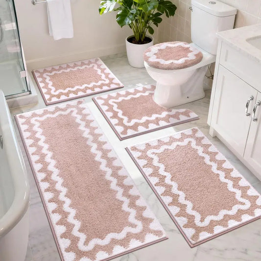 Bathroom Rugs Sets 5 Piece, Absorbent Soft NonSlip Washable Microfiber Shaggy Bath Mat Set with Bathroom Runner Rug