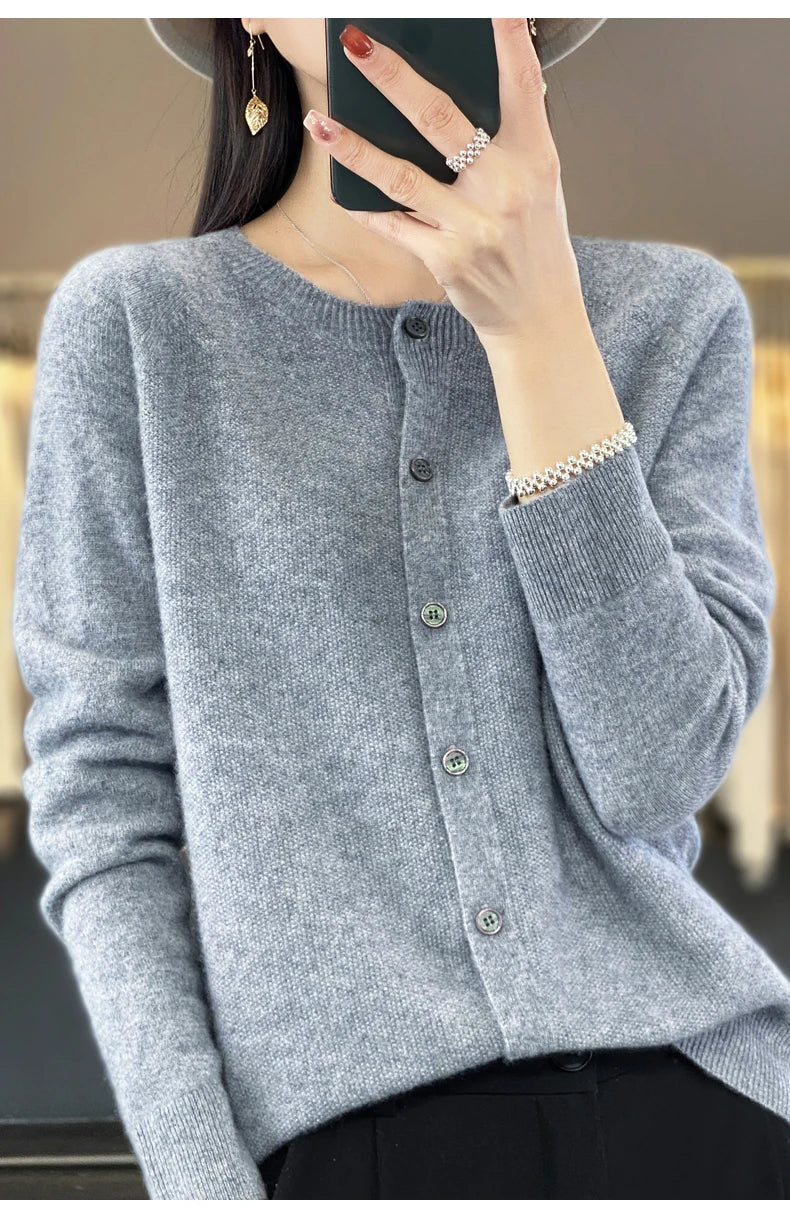 Long Sleeve 100% Merino Wool Sweaters Cashmere Cardigan Spring Autumn Women O-Neck Knitwear